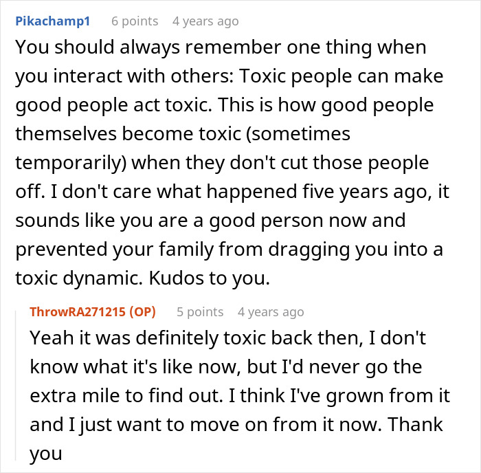 Screenshot of a Reddit conversation about family forgiveness and toxic dynamics involving a man from five years ago.