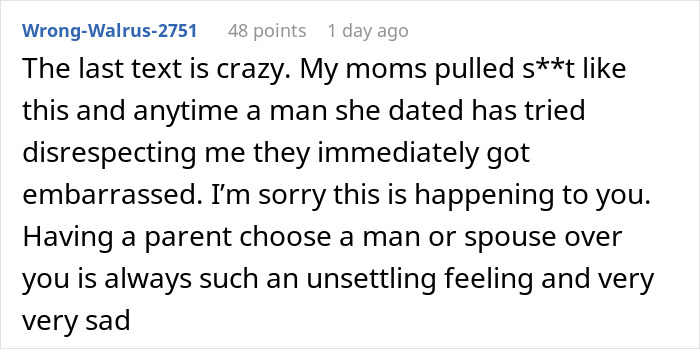 Reddit comment discussing a mom throwing her child out for a random guy, highlighting feelings of sadness and betrayal.