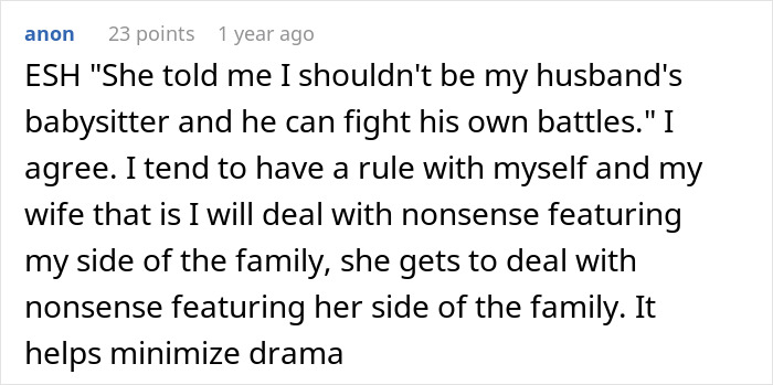 Comment discussing family drama rules to minimize conflict, relating to SIL holding couple hostage and food threat.