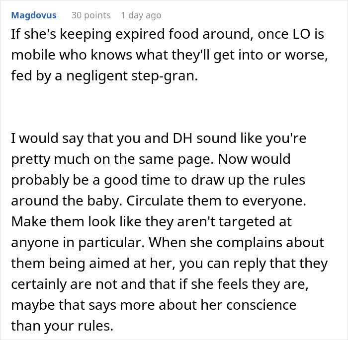 Comment discussing concerns about expired food in the pantry and setting rules for baby safety with pregnant woman.