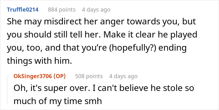 Reddit conversation about a woman realizing her 4-year relationship was deceptive and she was the mistress all along.