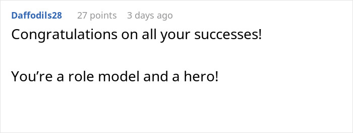 Screenshot of a supportive online comment praising a 20-year-old burnout from managing chores and school.