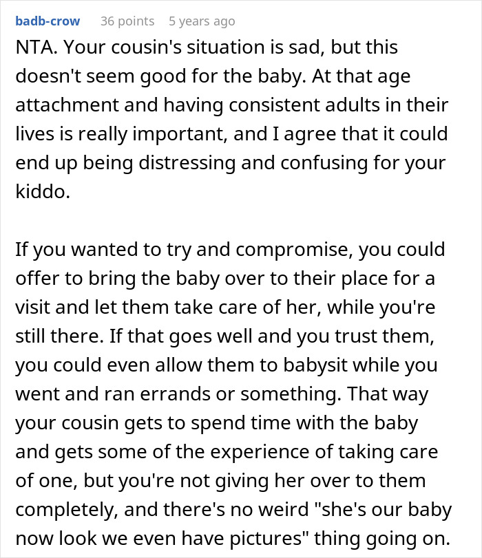 Reddit comment discussing cousin with cancer wanting to borrow baby and concerns about attachment and motherhood experience.