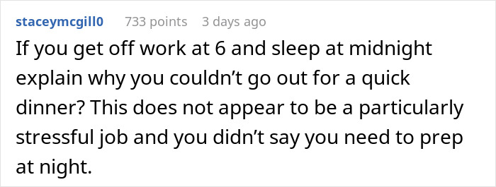 Text post from user staceymcgillo debating work hours and inability to go out for dinner despite no stressful job demands.