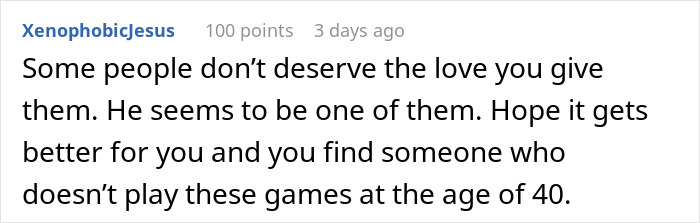 Comment expressing frustration about husband leaving due to trust and lack of jealousy in their relationship.