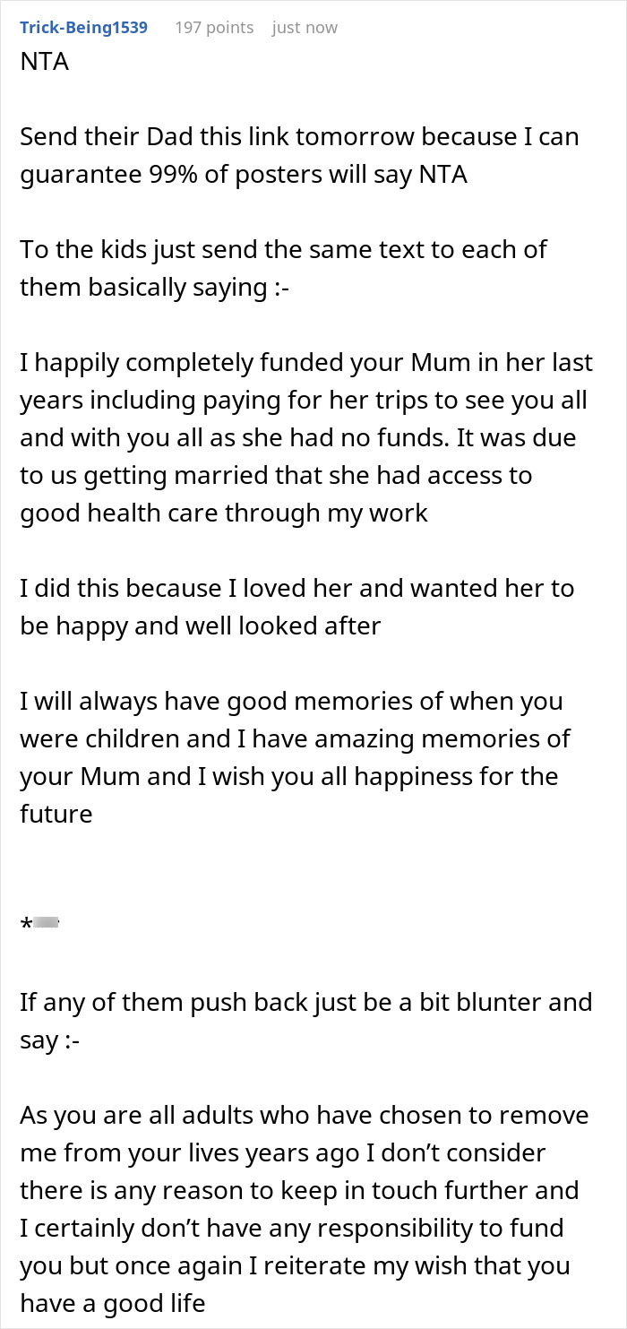 Step kids mom expresses loss of money and emotional boundaries after funding late wife&rsquo;s care and trips to see children.
