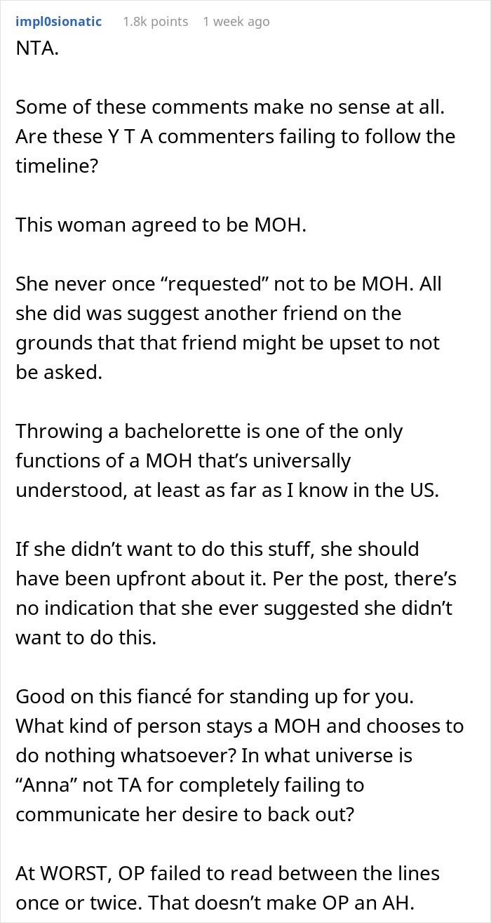 Comment discussing groom slamming maid of honor for low effort and maid of honor clapping back before wedding.