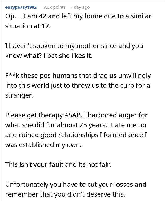 Commenter shares experience of being thrown out by mom for a random guy, expressing anger and advice on healing.
