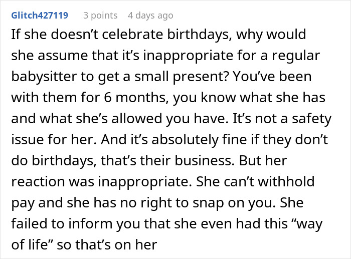 Text conversation showing a discussion about a babysitter giving birthday gift and mother&rsquo;s furious reaction.