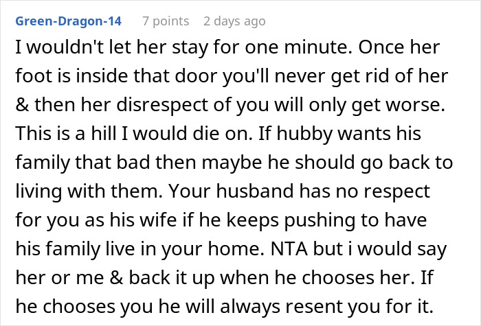 Comment about wife done with husband's relatives living with them, causing conflict over housing his mother.
