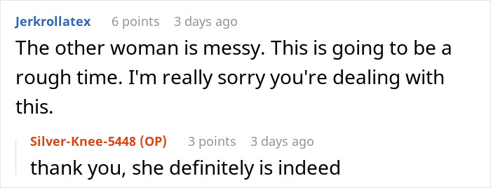 Screenshot of online comments discussing the dad&rsquo;s mistress texting his adult daughter and the resulting family devastation.