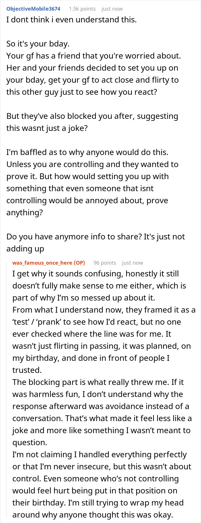 Text conversation discussing a girlfriend and her male bestie planning a cruel prank to humiliate boyfriend on his birthday.