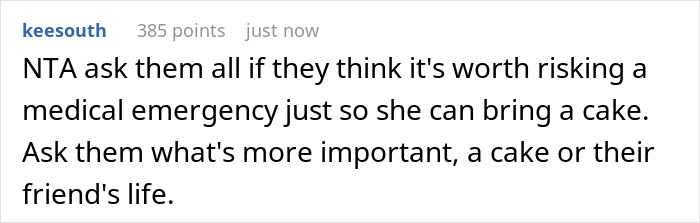Screenshot of an online comment discussing ignoring food allergy restrictions at a party and potential medical risks.