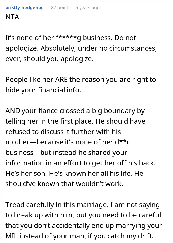 Screenshot of online comment advising a woman to hide her financial info from her mother-in-law, relating to yoga teacher income.