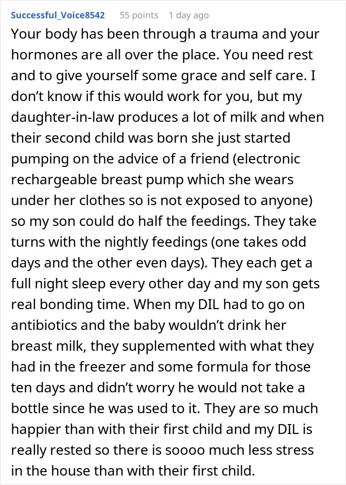 Comment about new mom using a breast pump and sharing baby feedings to reduce stress and help bond with baby.
