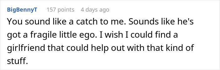 Screenshot of an online comment discussing fragile ego and a woman ready to dump her boyfriend over feeling emasculated.