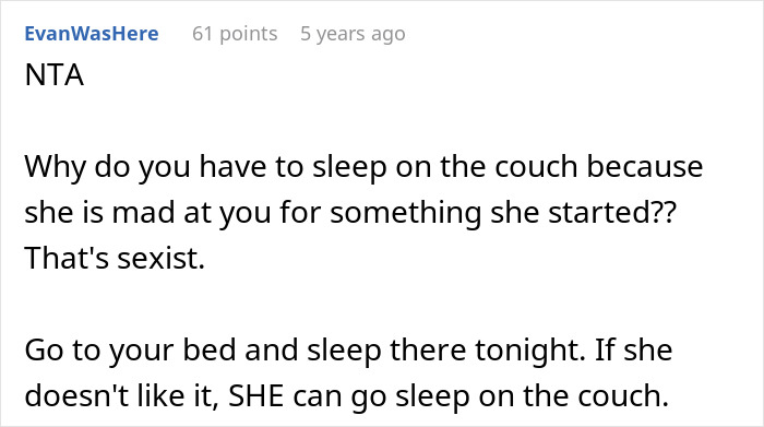 Reddit comment reacting to guy embarrasses wife for not going along with her lie, telling him to sleep in bed