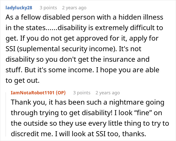 Comments from Reddit users discussing challenges of obtaining disability benefits and coping with a difficult marriage situation.