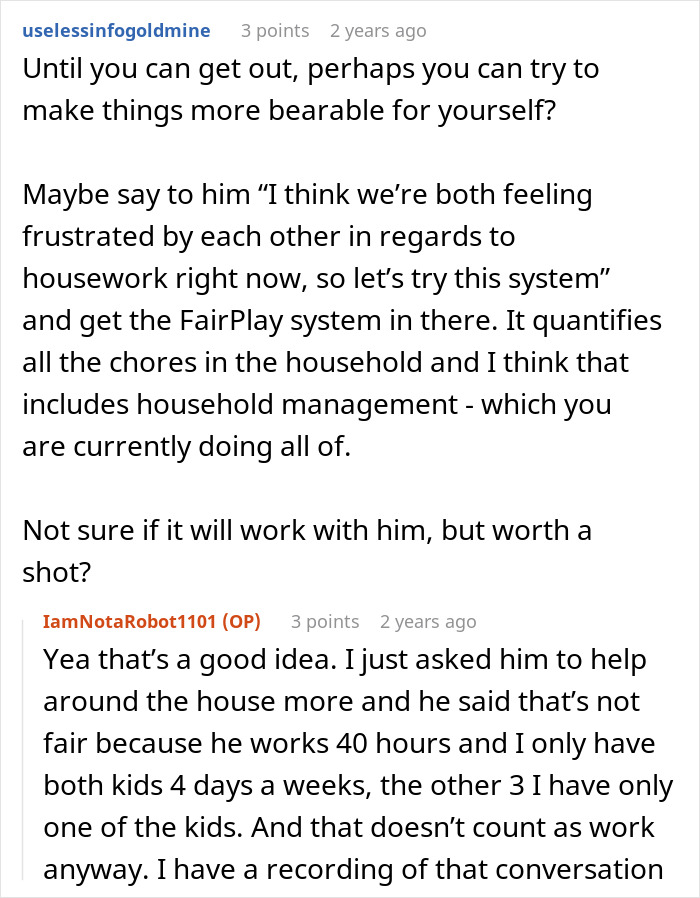 Comments discussing a fed up wife trying to manage household chores as her useless hubby resists helping.