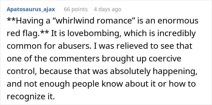 Comment about whirlwind romance as a red flag, highlighting lovebombing and coercive control awareness in a*****e relationships. Comment about whirlwind romance as a red flag, highlighting lovebombing and coercive control awareness in a*****e relationships.