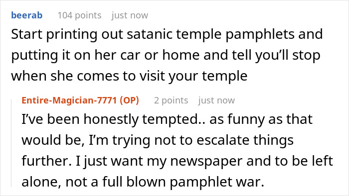 Online discussion about neighbor religious pamphlet conflict and police intervention to avoid escalation.