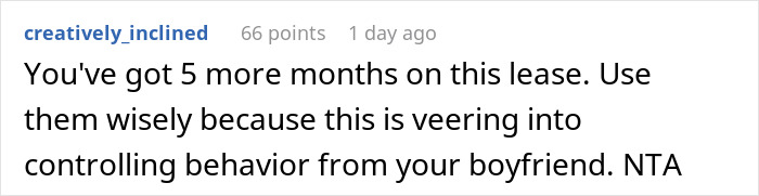 Reddit comment advising tenant to use lease months, warning about controlling boyfriend ban friends behavior