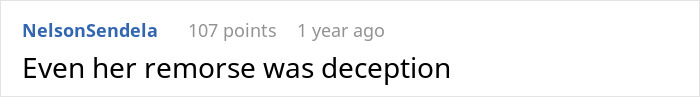 Comment text on screen saying Even her remorse was deception in a plain white background, relating to wife&rsquo;s cheating revealed years later.