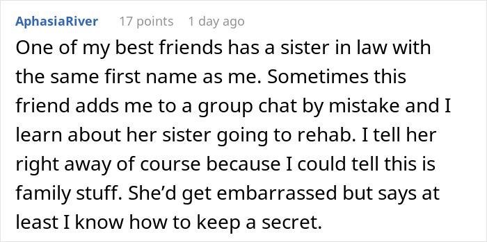 Screenshot of a Reddit comment about being added to a random family group chat and getting emotionally invested over months.