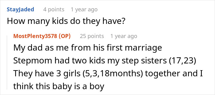 Screenshot of an online discussion where a teen&rsquo;s stepsister supports her against stepmom&rsquo;s criticism about spending money.