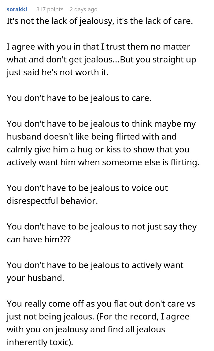Comment discussing a woman venting about her husband leaving, focusing on trust and not getting jealous.