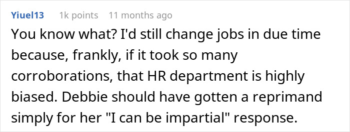 Screenshot of a Reddit comment discussing workplace bias and a coworker's response about impartiality after cancer surgery.