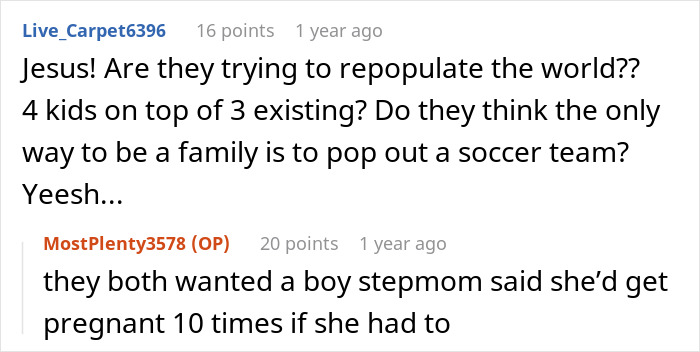 Online discussion about family dynamics with stepsiblings and stepmom comments on parenting choices.
