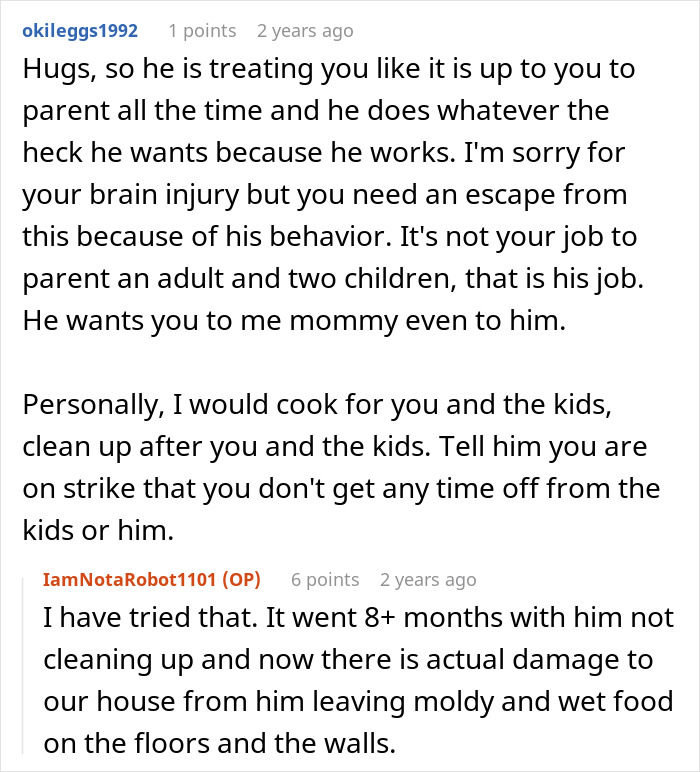 Online forum discussion about a fed up wife matching useless hubby&rsquo;s energy and seeking escape from marriage.