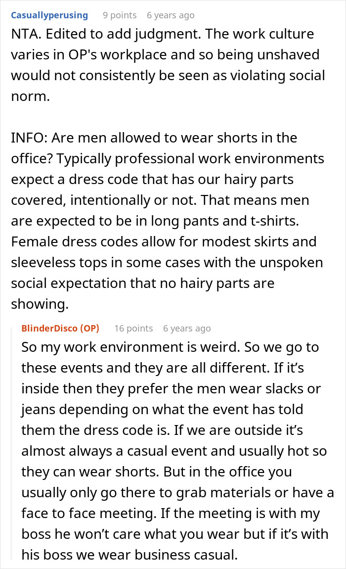 Conversation discussing workplace dress codes and the social norms around refusing shaving legs at work.