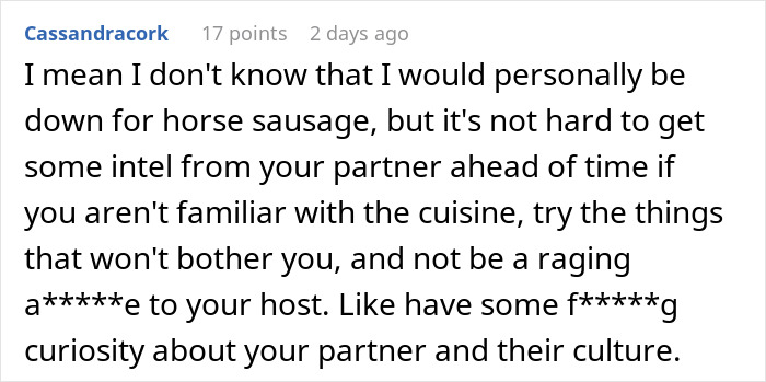 Screenshot of a Reddit comment discussing reactions to traditional gross food versus American dishes. Screenshot of a Reddit comment discussing reactions to traditional gross food versus American dishes.