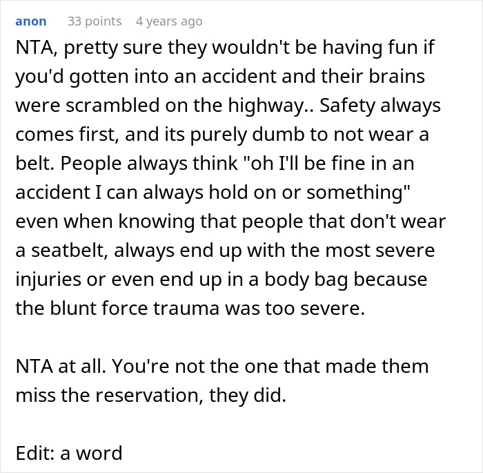 Comment discussing the importance of seat belts and safety during road trips to prevent severe injuries.