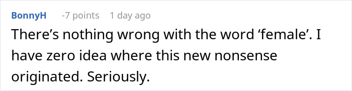 Screenshot of an online comment discussing opinions on language, related to a woman worried about her sister who became a tradwife.