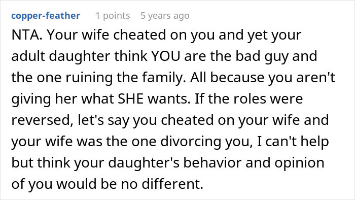 Comment discussing dad feeling guilty for distancing from daughter during messy divorce, revealing heartbreaking family struggles.