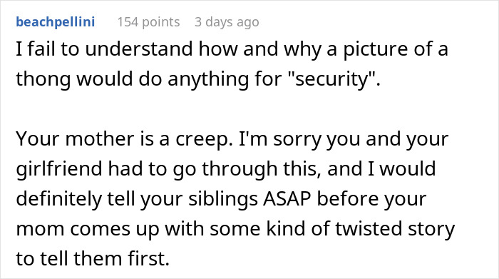 Comment expressing confusion and sympathy about a mother secretly going through her son's girlfriend’s wallet and ID.