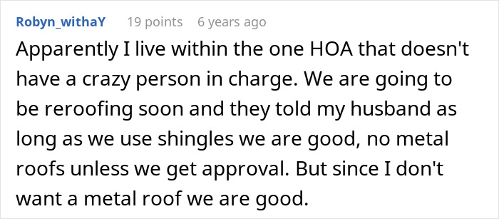 Screenshot of a Reddit comment discussing an HOA president and rules about reroofing with shingles versus metal roofs.