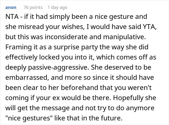 Screenshot of a forum post discussing a woman being blasted for skipping her birthday party her sister organized due to her ex being invited.