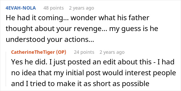 Reddit comments discussing a guy&rsquo;s revenge and girlfriend&rsquo;s uno-reverse after he bullied another teen.