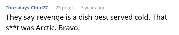 Text comment on a forum discussing MIL versus DIL conflict and mentioning revenge served cold in a casual tone.