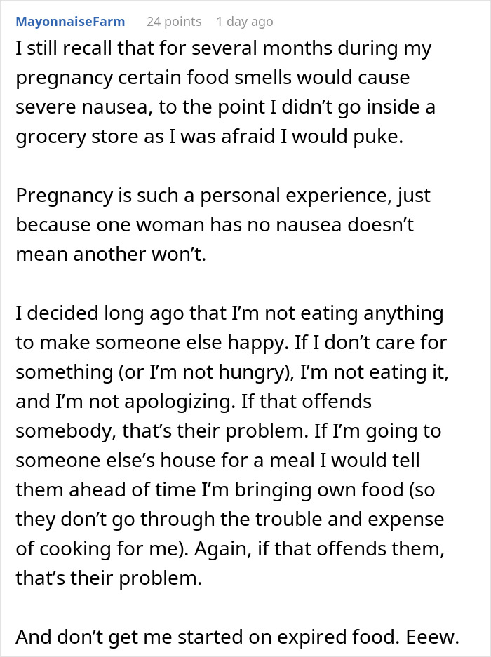 Pregnant woman shares experience with nausea and refusing expired food from her pantry and mother-in-law&rsquo;s meals.