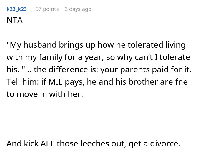 Screenshot of a Reddit comment discussing conflict over in-laws living with a couple and tolerating relatives.