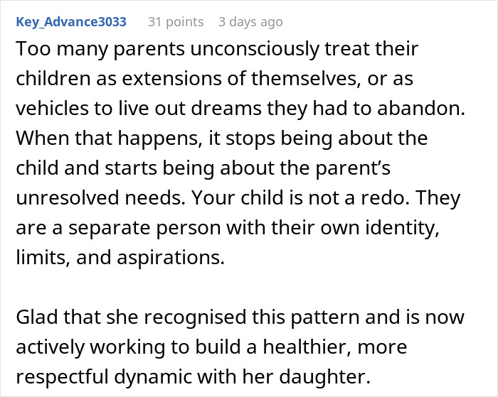 Comment discussing a mom’s resentment as her daughter chooses building tiny cottages instead of cheerleading. Comment discussing a mom’s resentment as her daughter chooses building tiny cottages instead of cheerleading.