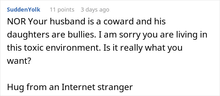 Comment on Reddit highlighting toxic family dynamics involving stepdaughters&rsquo; gift and viral conversation with husband.