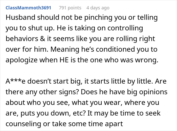 Online comment about husband&rsquo;s controlling behavior and emotional a***e, advising recognition of warning signs and seeking counseling.