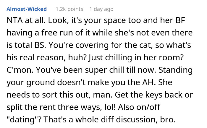 Screenshot of a conversation discussing roommate boyfriend vacation drama and boundaries around shared living space.