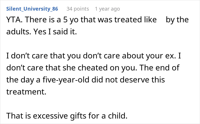 Comment discussing excessive gifts to daughter while half-brother received only one gift, with no guilt from dad. Comment discussing excessive gifts to daughter while half-brother received only one gift, with no guilt from dad.